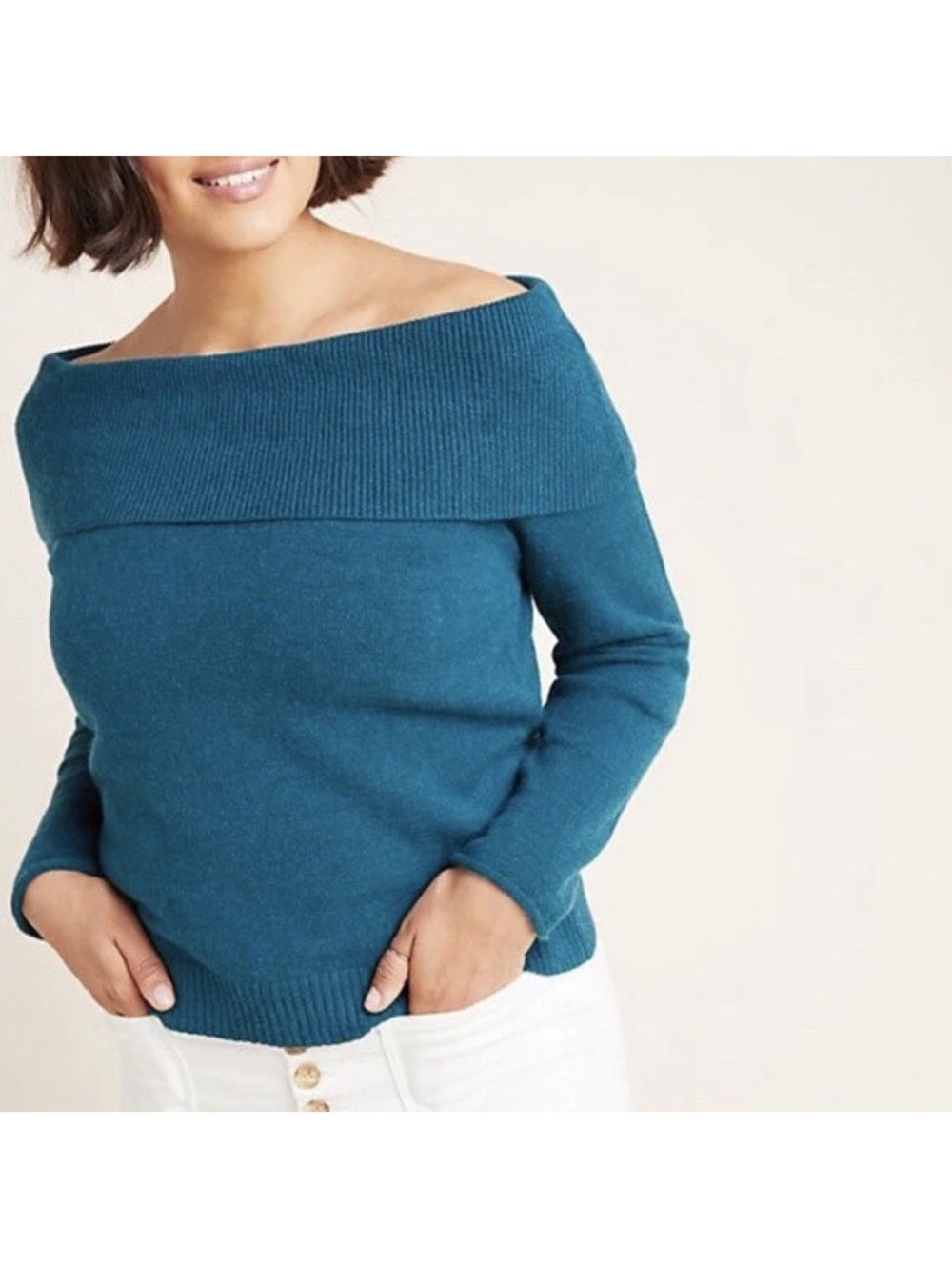 NWT Anthropologie Shelby Pullover Sweater Size XS Off The Shoulder in turquoise